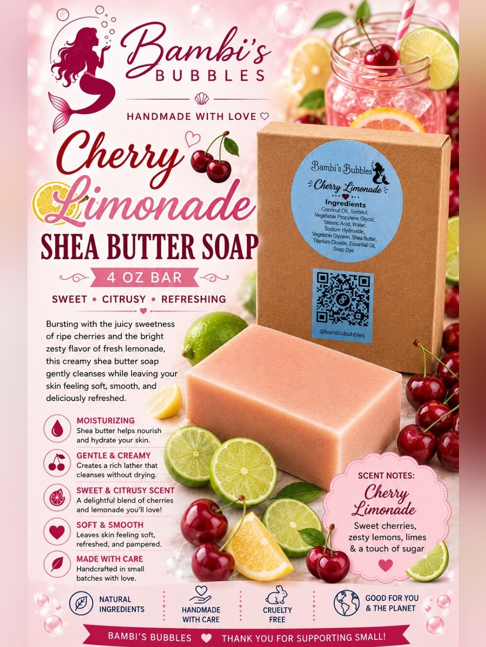 New! Cherry Limonade Shea Butter 4oz Soap